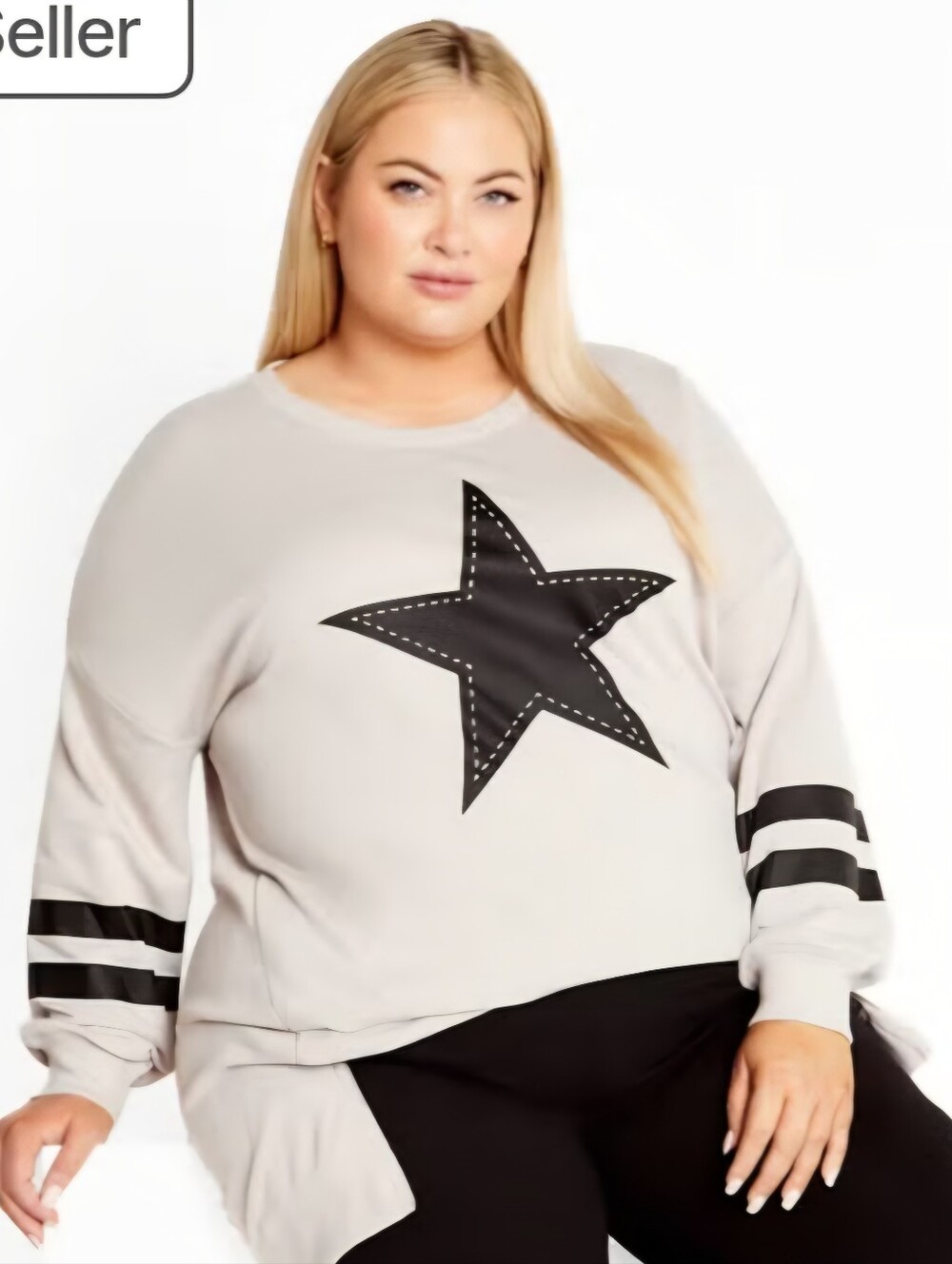 AVENUE  Light Gray Star Graphic Sweatshirt with Contrast Stripes